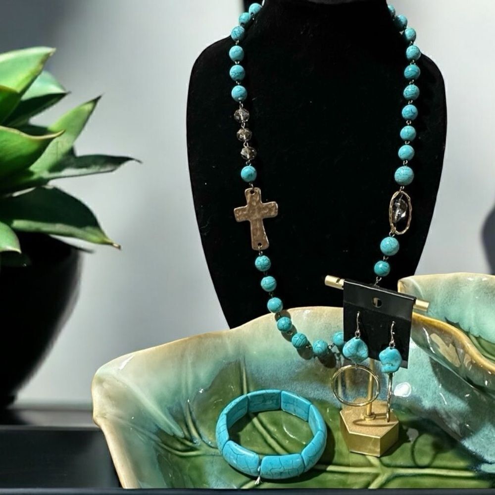 Genuine Gemstone Necklace Matching Earrings & Bracelet Turquoise